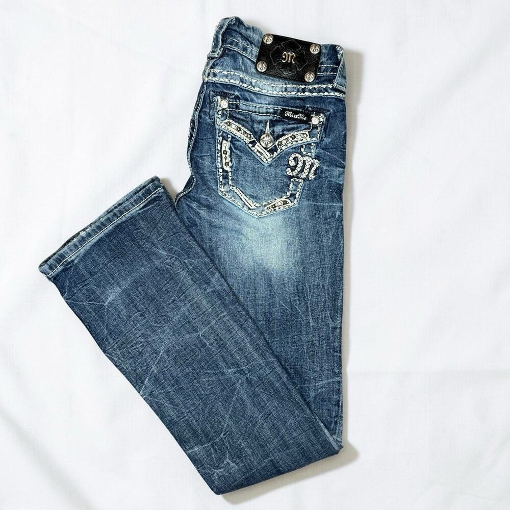 Miss Me Easy Boot Jeans Womens 25 Bling Flap Pocket Rhinestone Blue Denim Y2K